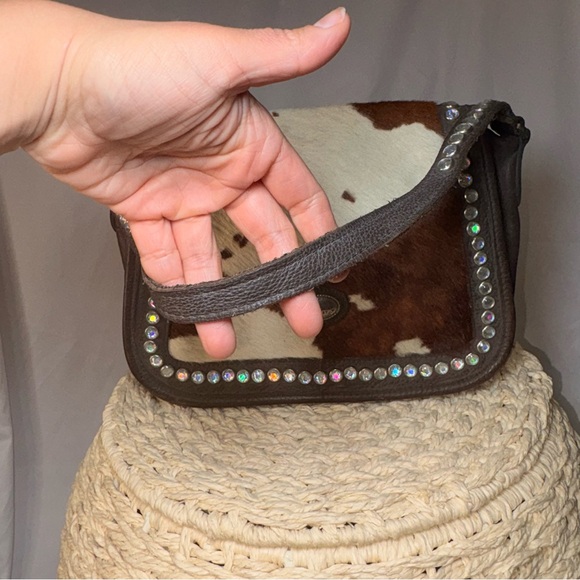 American West Cowhide Leather Shoulder Bag Western Boho Rhinestone Studded Purse - Picture 4 of 11